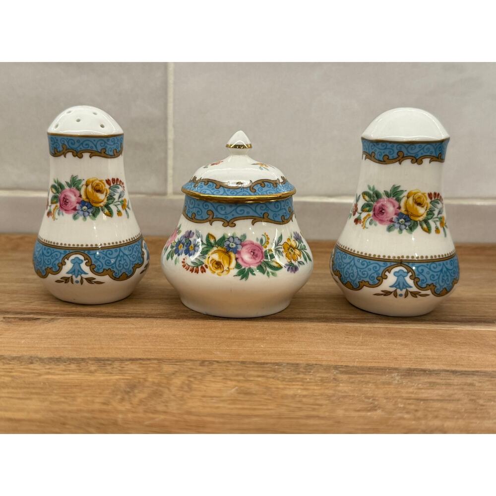 Staffordshire 3pc Salt, Pepper &‎ Condiment Jar, England, Fine Bone China